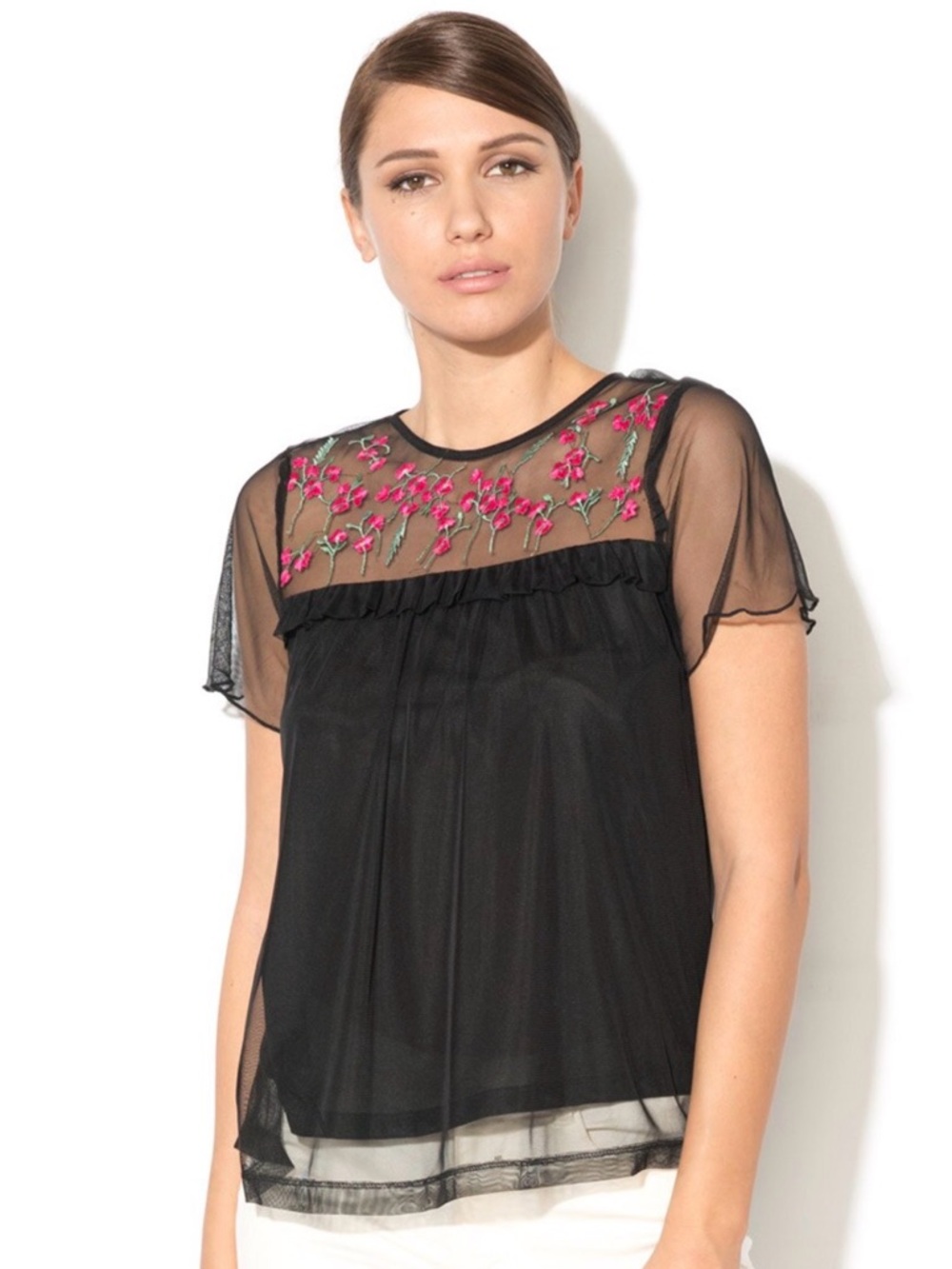 VERO MODA 🌸BLACK🌸 FLORAL EMBROIDERED MESH SHEER TOP SIZE MEDIUM 🌟EUC🌟